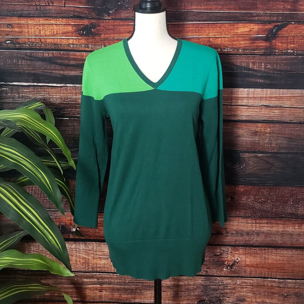 NWT Bob Mackie XS Sweater Knit Top Color Block Cutout Green 3/4 Sleeves Art - Picture 6 of 10